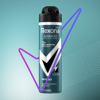 Antyperspirant Rexona Men Invisible w turkusowej puszce z białym checkmarkiem, na tle z neonowymi, falującymi liniami.