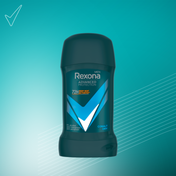 Rexona Men Advanced Protection Cobalt Dry, antyperspirant w ciemnoniebieskim sztyfcie, widok z przodu, 72H.