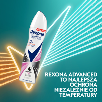 Rexona Advanced Protection 72h Invisible Pure antyperspirant w sprayu, biało-różowy, na neonowym tle.