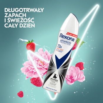 Biało-czarny antyperspirant Rexona Invisible 72h w sprayu, damski, z owocami i kwiatami, widok pod kątem.