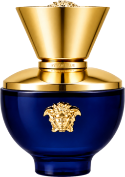 Versace Dylan Blue Femme, błyszcząca granatowa butelka perfum, złoty korek z brokatem i emblemat Meduzy.