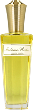 Złota butelka perfum Madame Rochas Eau de Toilette, widok z przodu, etykieta z nazwą.