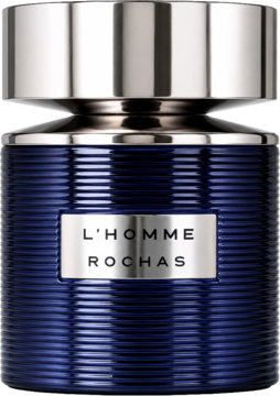 Rochas L'Homme EDT, ciemnoniebieska butelka z prążkowanym korpusem, srebrną etykietą i metalowym korkiem, widok frontalny.