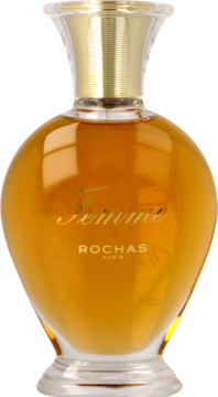 Rochas Femme woda perfumowana, bursztynowa butelka w kształcie gruszki ze złotymi napisami, widok z przodu.