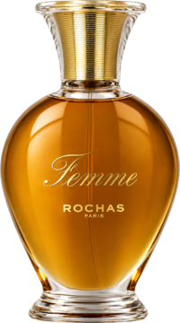 Rochas Femme Eau de Parfum. Bursztynowa butelka z napisem 'Femme', złotym, żłobionym korkiem, widok z przodu.