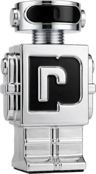 Paco Rabanne Phantom, srebrny flakon perfum w kształcie robota z czarnym "P" na piersi, widok z przodu.
