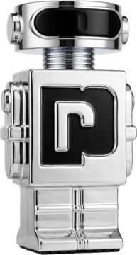 Paco Rabanne Phantom, męska woda toaletowa, srebrny flakon w kształcie robota z literą P, widok z przodu.