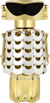 Złoty flakon perfum Paco Rabanne Fame w kształcie robota z czarnym wizjerem i srebrzystymi łuskami.