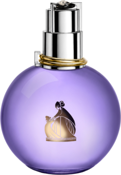 Lanvin Éclat d'Arpège, fioletowa woda perfumowana w okrągłym flakonie ze złotym emblematem, widok z przodu.