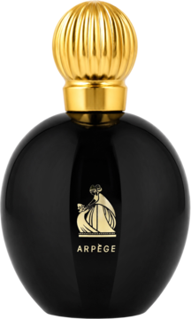 Lanvin Arpège woda perfumowana dla kobiet, czarna kulista butelka ze złotym żłobionym korkiem i emblematem.