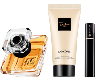 Zestaw Lancôme Trésor: złota butelka perfum, kremowy balsam do ciała i czarny tusz do rzęs na czarnym tle.
