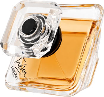Lancôme Trésor EDP, bursztynowy zapach. Szklana butelka, fasetowana nakrętka, logo "Trésor", widok pod kątem.