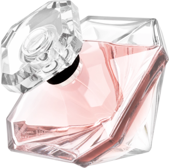 Lancôme Trésor La Nuit Eau de Parfum w fasetowanej butelce z różowym płynem, widok pod kątem, z fasetowanym korkiem.