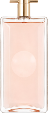 Lancôme Idôle EDP, smukły, prostokątny flakon z różowym płynem i złotą pompką, widok z przodu.