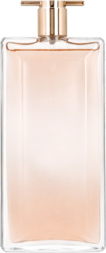 Lancôme Idôle Aura woda perfumowana. Smukła butelka z różowym płynem, złotym atomizerem i ozdobnym łukiem, widok z przodu.