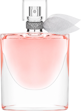 Lancôme La Vie Est Belle EDP, różowe perfumy w szklanej butelce z unikalnym kształtem i białą wstążką, przód.