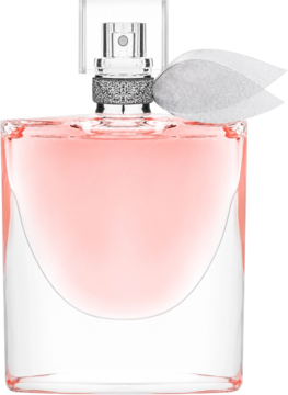 Lancôme La Vie Est Belle woda perfumowana, różowy płyn w szklanym flakonie z perłową wstążką, widok z przodu.