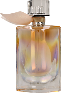 Lancôme La Vie Est Belle Soleil Cristal, iryzowany flakon perfum ze złotym płynem i beżową kokardą.
