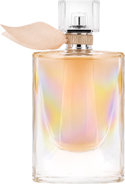 Flakon perfum La Vie Est Belle Soleil Cristal Lancôme. Przezroczysta butelka z iryzującym płynem i brzoskwiniową kokardą.