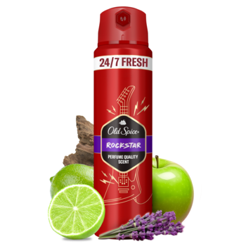 Czerwony dezodorant Old Spice Rockstar 24/7 FRESH z limonką, jabłkiem i lawendą na białym tle, widok z przodu.