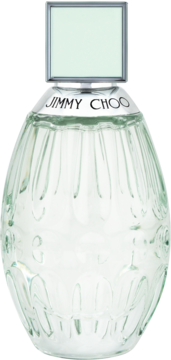 Jimmy Choo Floral woda toaletowa. Owalna, szklana butelka z fakturą i srebrnym napisem, zielona nakrętka, widok frontalny.