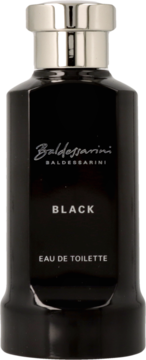 Baldessarini Black Eau de Toilette, elegancka czarna butelka z srebrnym korkiem, widok z przodu.