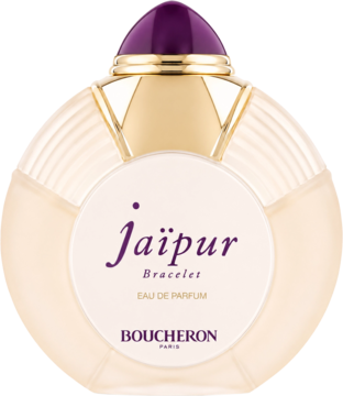 Boucheron Jaipur Bracelet EDP w owalnej butelce z reliefem, kremowa, złote detale, purpurowa nakrętka, widok z przodu.