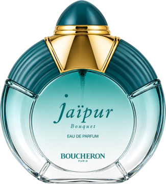 Damskie perfumy Boucheron Jaipur Bouquet, okrągły flakon z turkusową, żebrowaną zakrętką i złotymi akcentami.