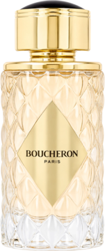 Elegancki flakon perfum Boucheron Place Vendome z fakturą szkła i złotą etykietą, widok z przodu.