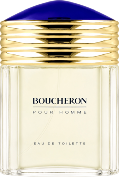 Boucheron Pour Homme woda toaletowa, elegancka butelka z przezroczystego szkła, złotą i granatową nakrętką. Widok z przodu.