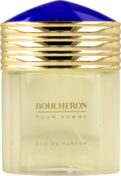 Boucheron Pour Homme Eau de Parfum, prostokątny flakon z niebieskim korkiem i złotymi detalami, widok z przodu.