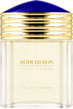 Boucheron Pour Homme EDP, szklana butelka z niebieskim korkiem i rzeźbionym złotym kołnierzem, widok frontalny.