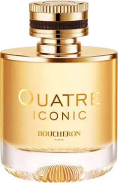 Boucheron Quatre Iconic woda perfumowana, złota butelka z grawerowaną nazwą i brązowym korkiem, widok z przodu.