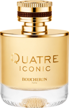 Boucheron Quatre Iconic EDP dla kobiet, złota butelka z metalowym korkiem i brązowym detalem, widok z przodu.
