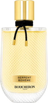 Perfumy Boucheron Serpent Bohème w butelce z teksturowanym szkłem, złotym korkiem i czarnym sznurkiem, z przodu.