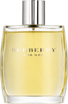 Burberry for Men, męska woda toaletowa. Bursztynowy płyn w eleganckiej prostokątnej butelce ze srebrną nakrętką, widok z przodu.