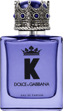 Męskie perfumy K by Dolce & Gabbana w fioletowej butelce z bogato zdobioną srebrną koroną, widok frontalny.