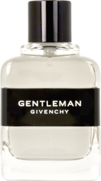 Givenchy Gentleman, męska woda toaletowa w przezroczystej butelce z czarną etykietą i nakrętką, widok frontalny.