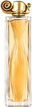 Givenchy Organza EDP w smukłej szklanej butelce z bursztynowym płynem uformowanym w klepsydrę i złotym korkiem.