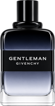 Pionowa butelka Givenchy Gentleman Intense, gradient od czerni do błękitu, z czarnym korkiem i nazwą.