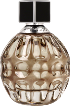 Jimmy Choo Woman woda perfumowana w okrągłej, fakturowanej butelce z bursztynowego szkła, z czarną nakrętką, widok z przodu.