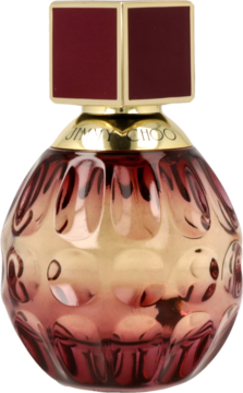 Jimmy Choo Fever woda perfumowana, okrągła butelka z bordowego szkła z fakturą, złota nakrętka. Widok z przodu.