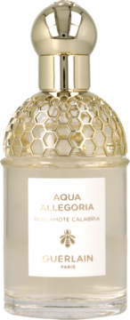 Guerlain Aqua Allegoria Bergamote Calabria, woda toaletowa w szklanej butelce z złotym korkiem i detalami w kształcie plastra miodu.