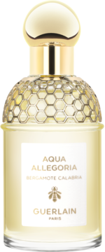 Guerlain Aqua Allegoria Bergamote Calabria EDT w przezroczystej butelce, złotym korku i motywie pszczoły, widok z przodu.