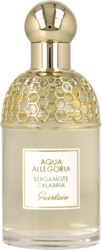 Guerlain Aqua Allegoria Bergamote Calabria EDT, świeża, butelka z złotym korkiem i plastrem miodu, widok z przodu.