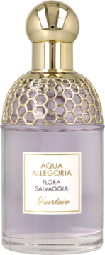 Guerlain Aqua Allegoria Flora Salvaggia eau de toilette, jasnofioletowa butelka ze złotą nakrętką w kształcie plastra miodu, widok z przodu.