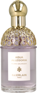 Fioletowa butelka Guerlain Aqua Allegoria Flora Salvaggia ze złotym korkiem i detalami o strukturze plastra miodu.