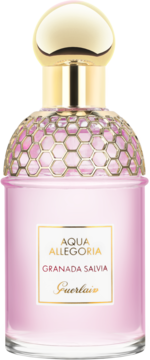Guerlain Aqua Allegoria Granada Salvia eau de toilette, różowy flakon z miodowym wzorem, złota nakrętka, widok z przodu.