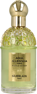 Guerlain Aqua Allegoria Forte Nerolia Vetiver, zielony flakon ze złotą etykietą i miodowym wzorem przy korku, widok z przodu.