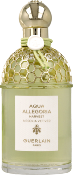 Guerlain Aqua Allegoria Nerolia Vetiver w smukłej butelce z zielonym płynem i złotą strukturą plastra miodu.